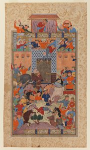 Los iraníes capturan la fortaleza de Afrasiyab, folio de un Shanameh de Persian School